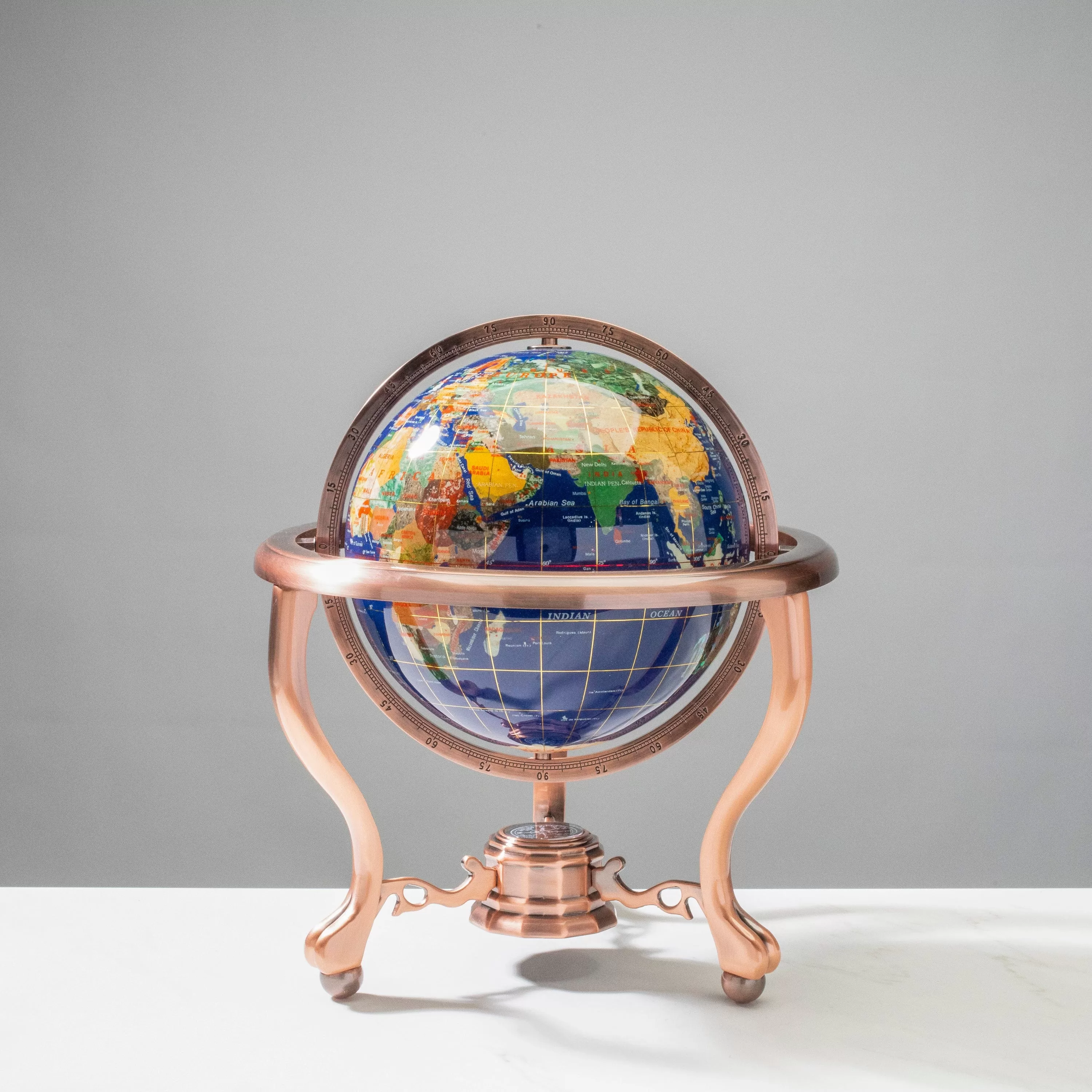 14” Tall Gemstone Globe with 9” Lapis Ocean on Copper Stand