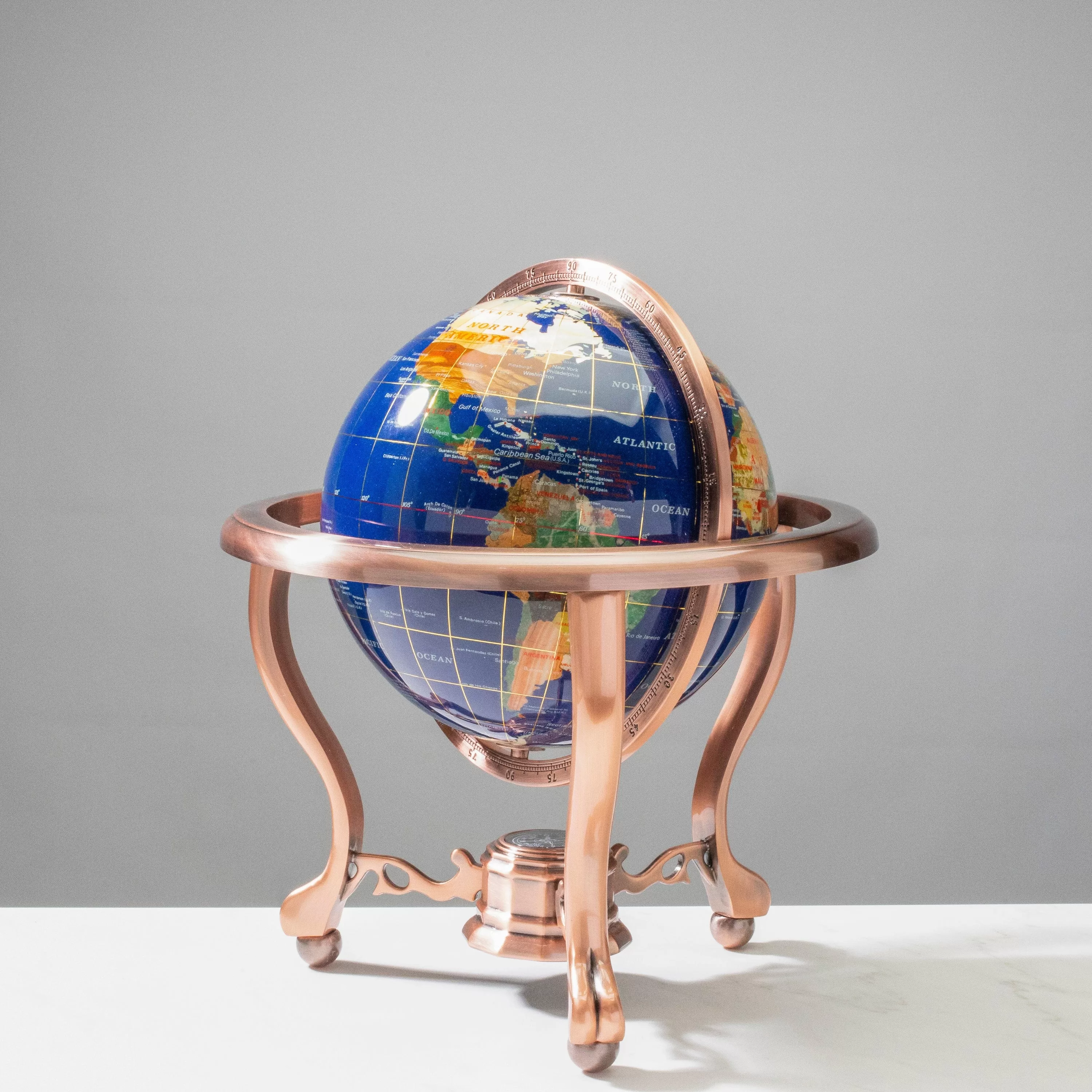 14” Tall Gemstone Globe with 9” Lapis Ocean on Copper Stand