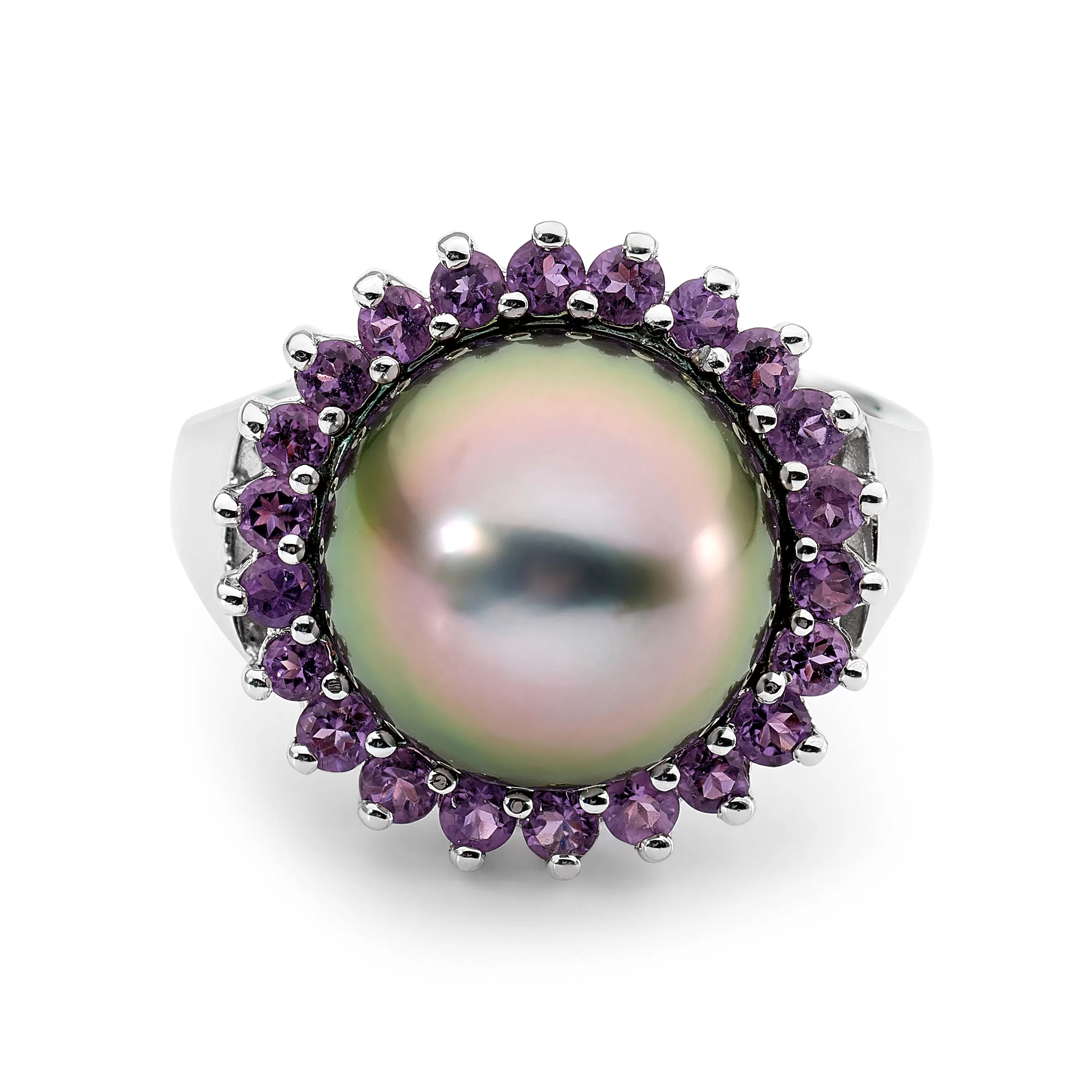 18ct White Gold, Amethyst and Tahitian Pearl Ring