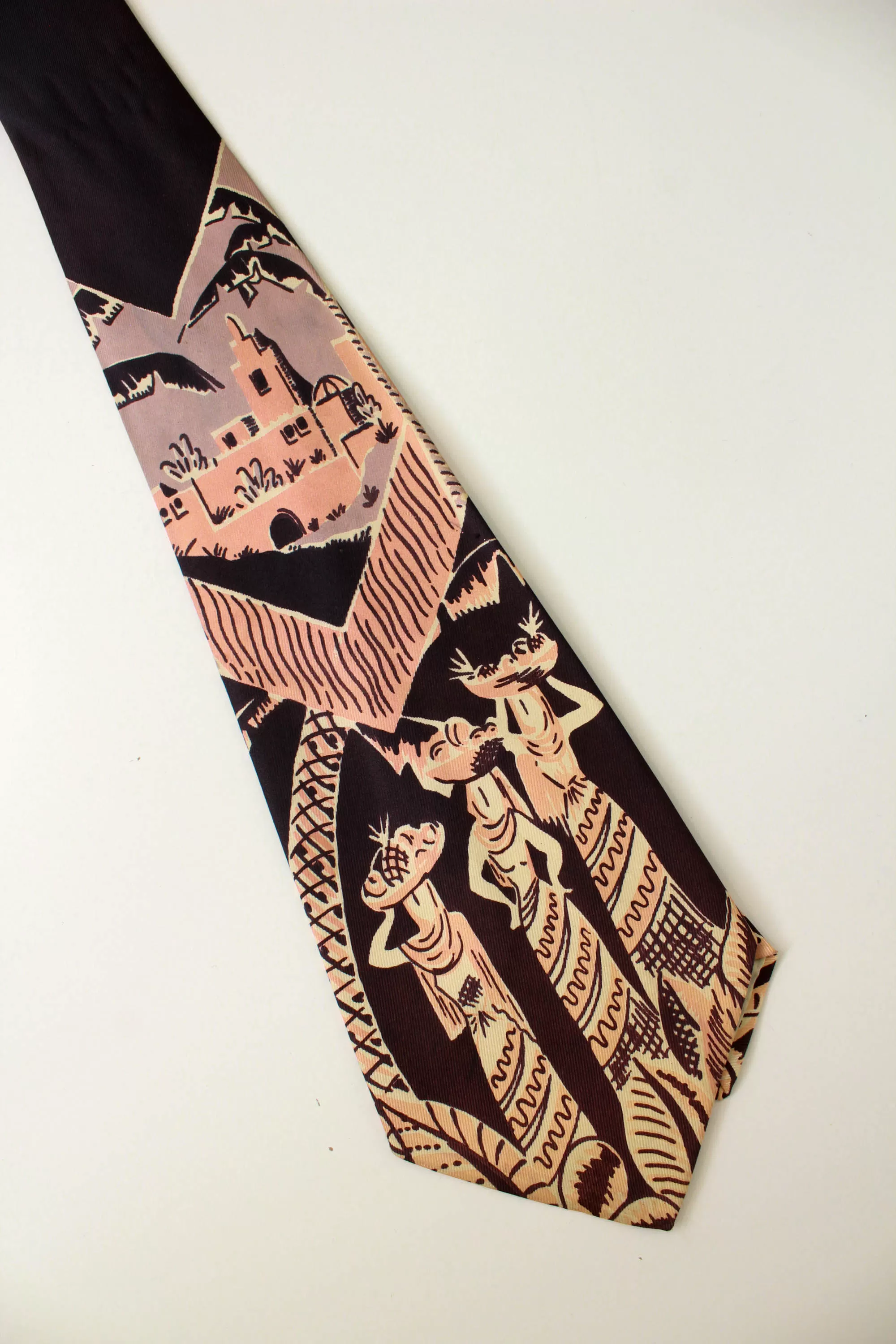 1940s Novelty Necktie, Three Women with Fruit Baskets, Rayon