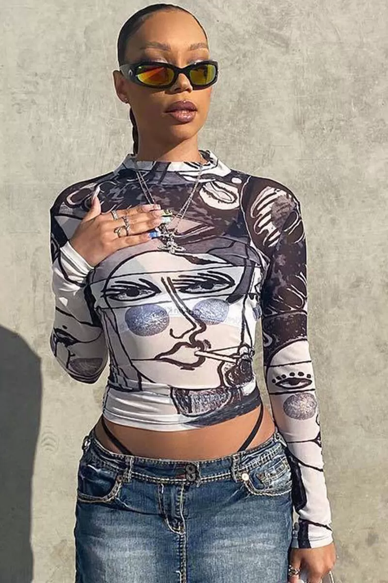 Abstract Face Mesh Long Sleeve Crop Top