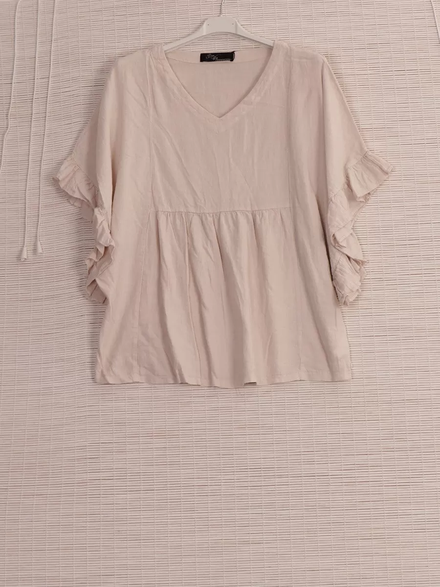 Anne   Kate Positano Frilled Sleeves Linen Blend Top