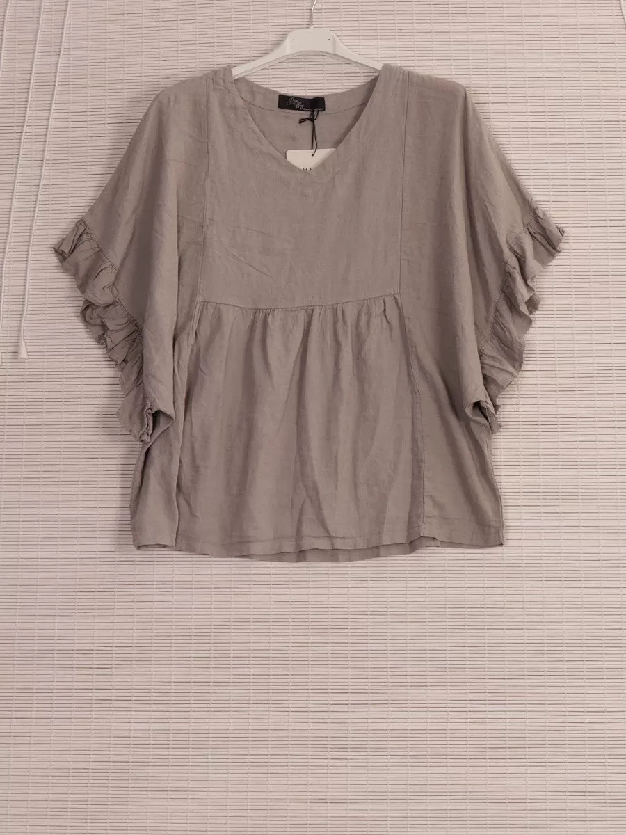 Anne   Kate Positano Frilled Sleeves Linen Blend Top