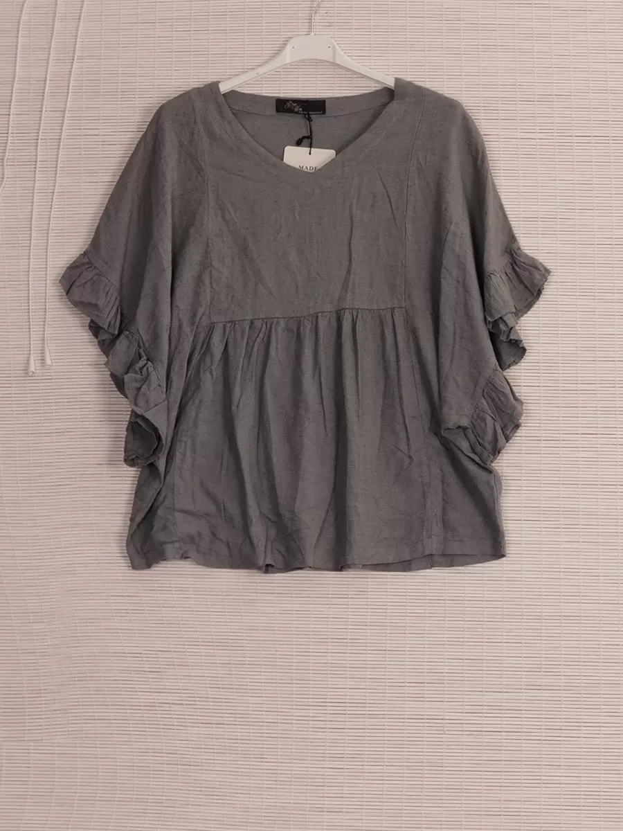 Anne   Kate Positano Frilled Sleeves Linen Blend Top