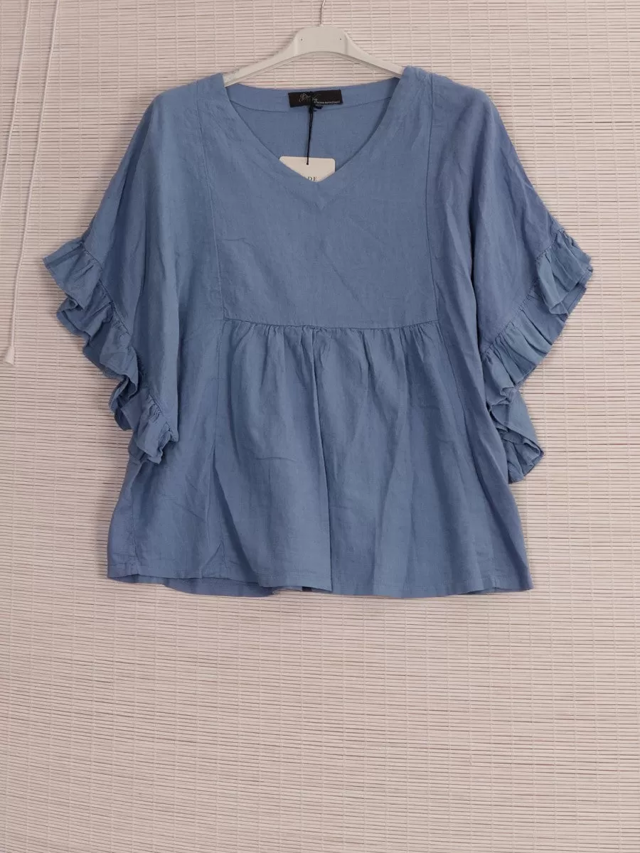 Anne   Kate Positano Frilled Sleeves Linen Blend Top