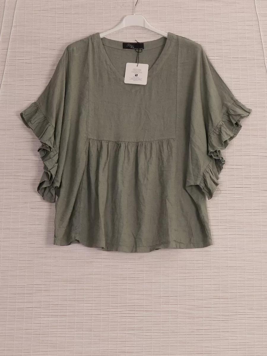 Anne   Kate Positano Frilled Sleeves Linen Blend Top