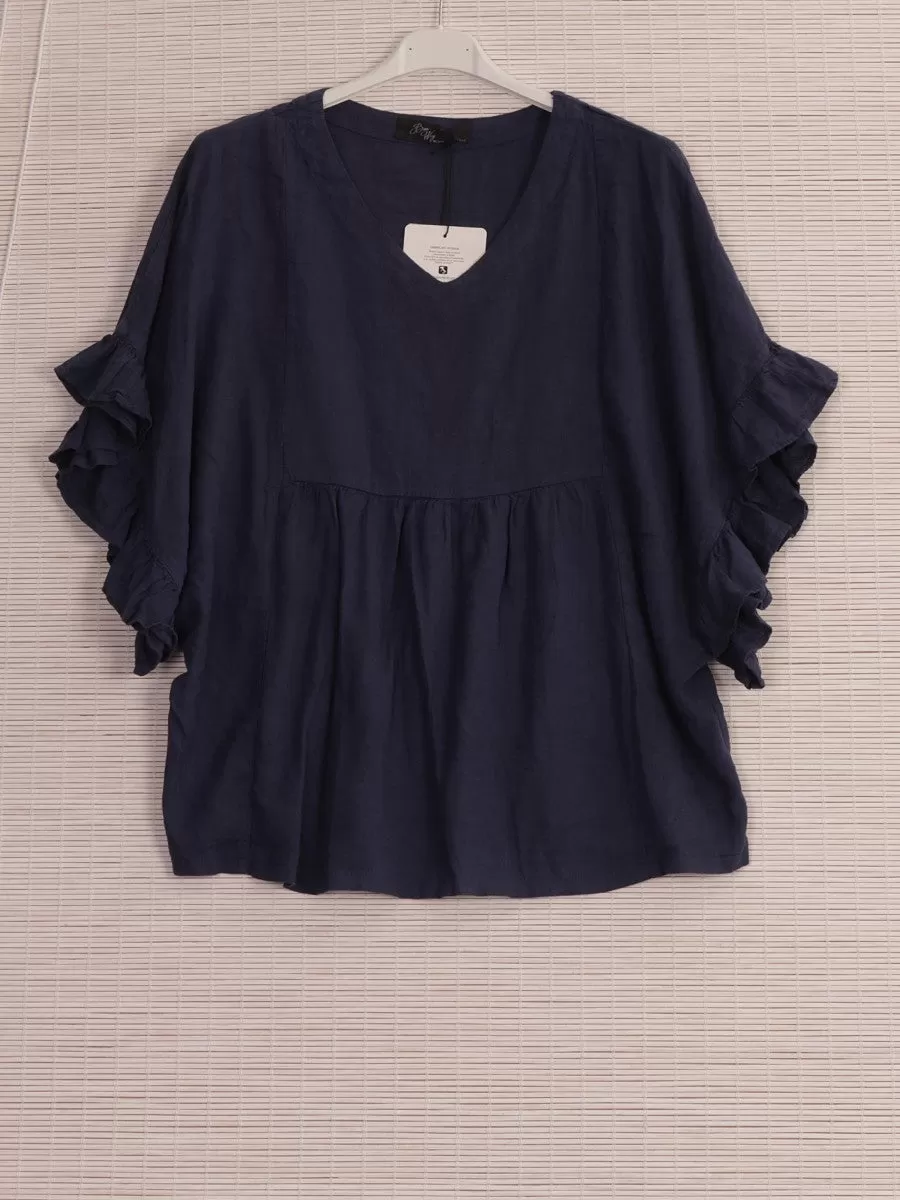 Anne   Kate Positano Frilled Sleeves Linen Blend Top