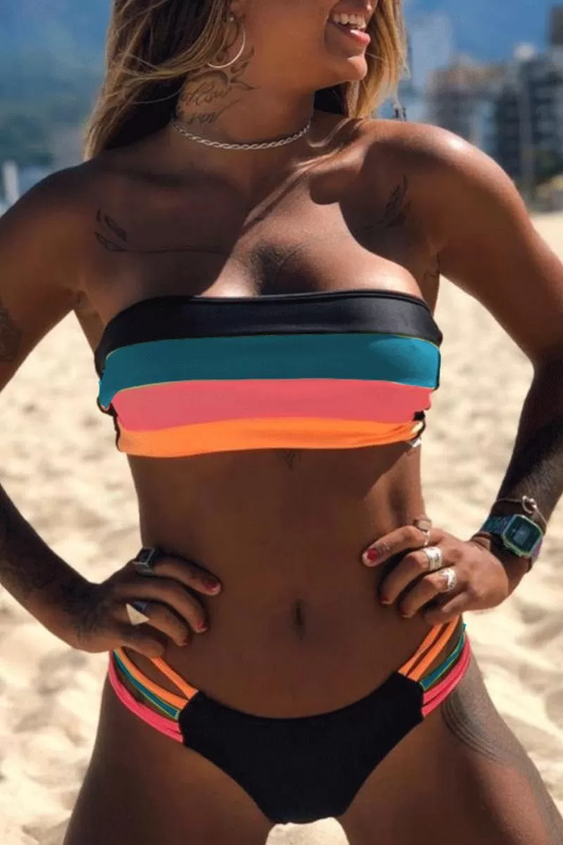 Bandeau Rainbow Striped Bikini Set (3 Colors)