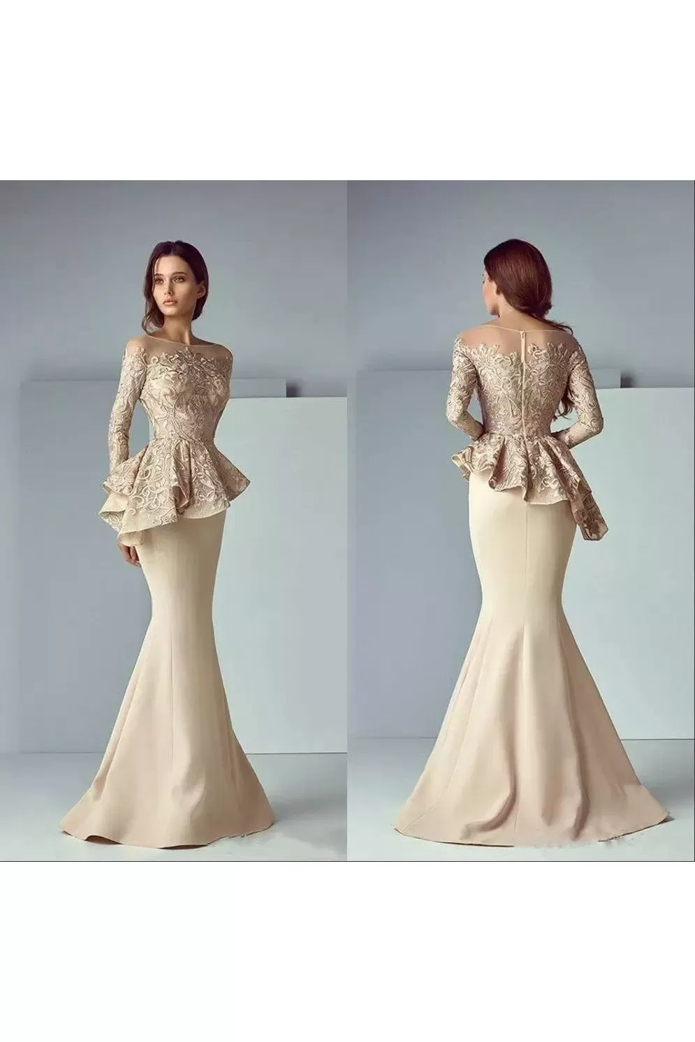 Bateau Mermaid Floor-length Long Sleeve Satin Lace Mother of the Bride Dress with Zipper Back-107825