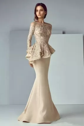 Bateau Mermaid Floor-length Long Sleeve Satin Lace Mother of the Bride Dress with Zipper Back-107825