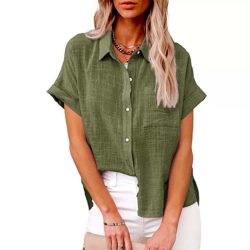 Bend Down Collar Button Up Short Sleeve Shirt Top