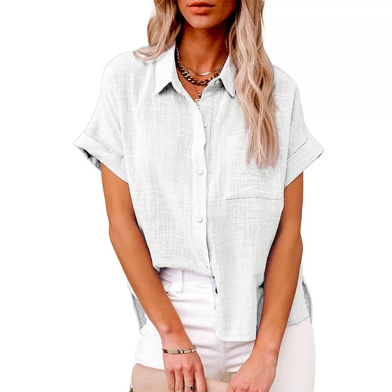 Bend Down Collar Button Up Short Sleeve Shirt Top