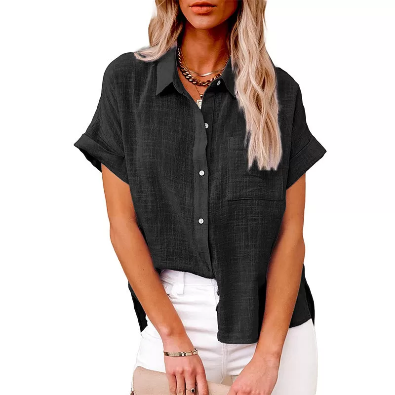 Bend Down Collar Button Up Short Sleeve Shirt Top