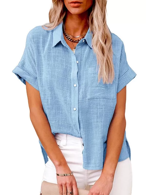 Bend Down Collar Button Up Short Sleeve Shirt Top