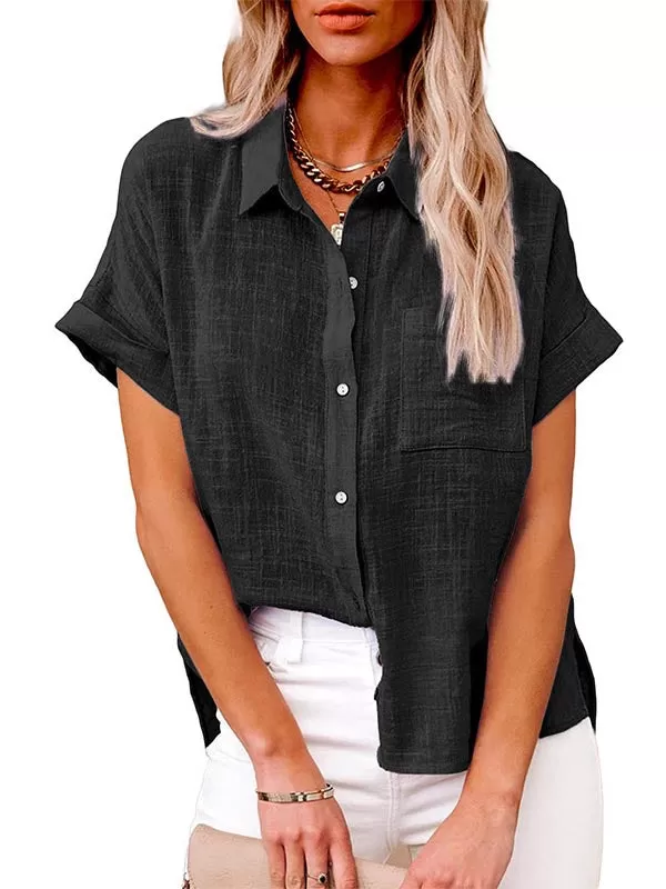 Bend Down Collar Button Up Short Sleeve Shirt Top