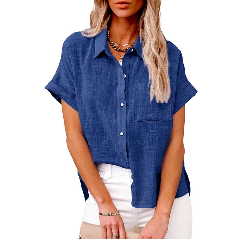 Bend Down Collar Button Up Short Sleeve Shirt Top