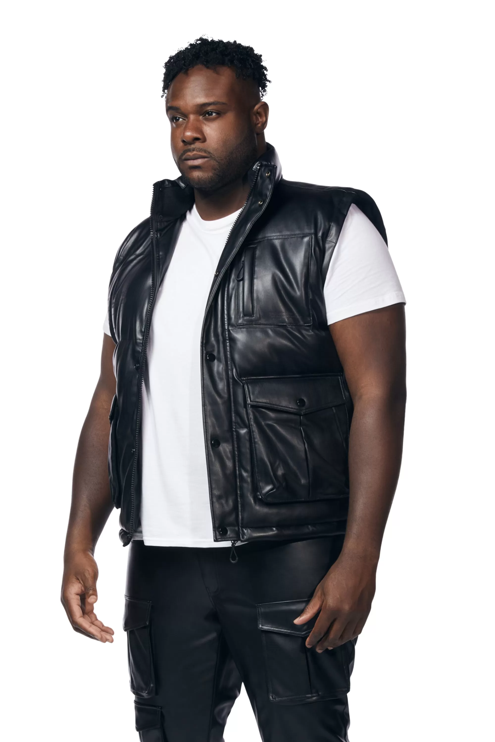 Big And Tall Utility Vegan Leather Vest - Black