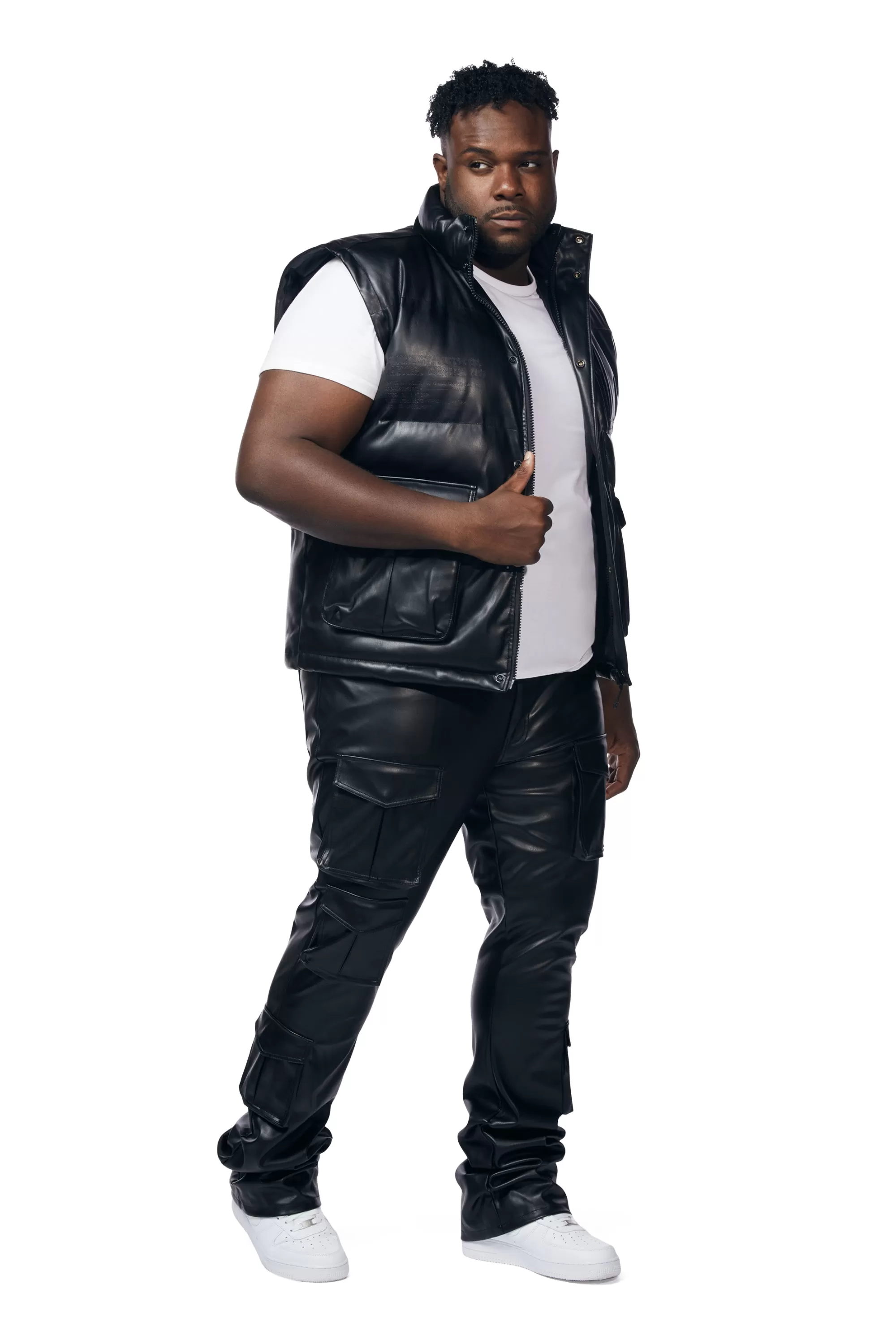 Big And Tall Utility Vegan Leather Vest - Black