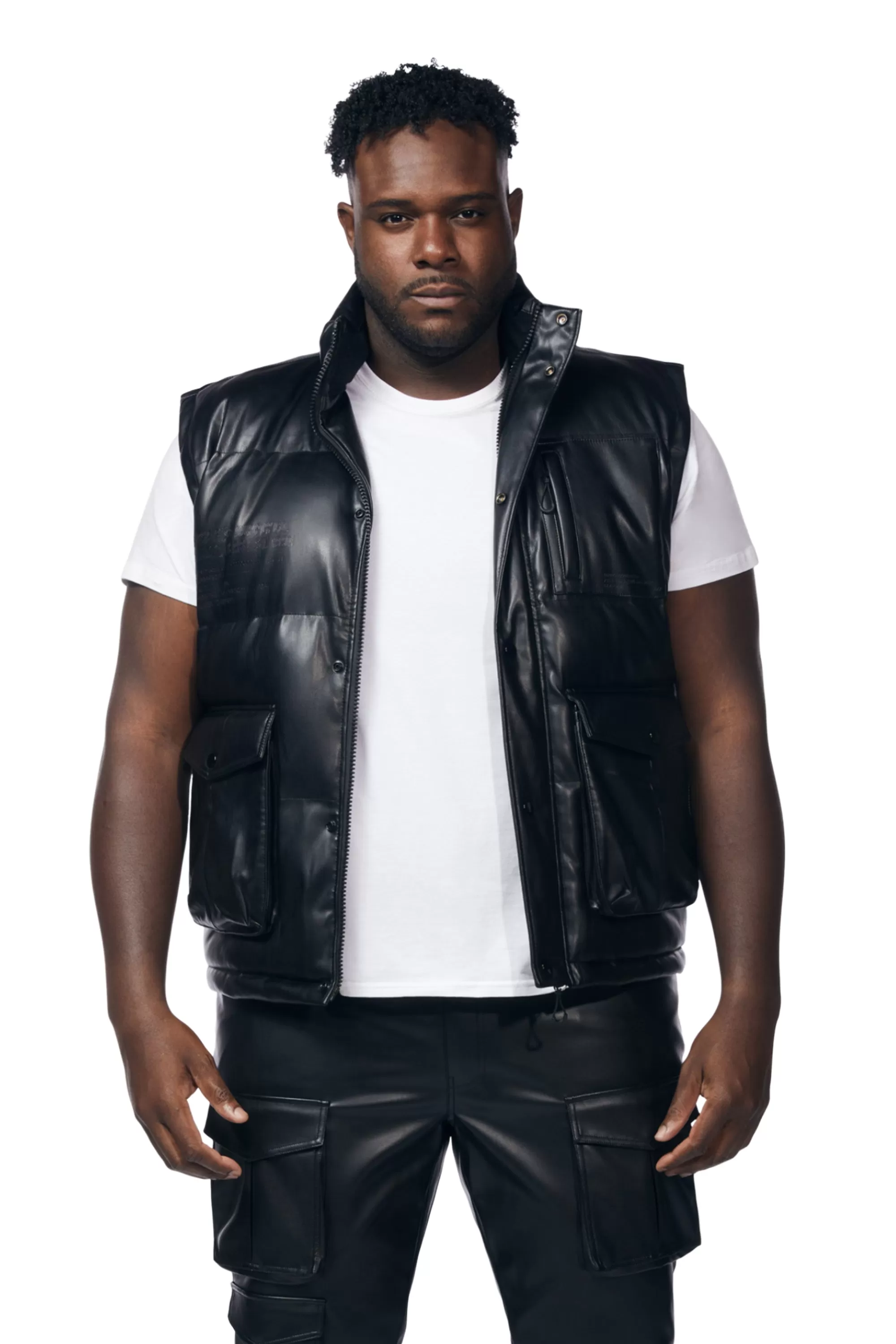 Big And Tall Utility Vegan Leather Vest - Black