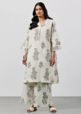 Block Print Grey Kurta Set