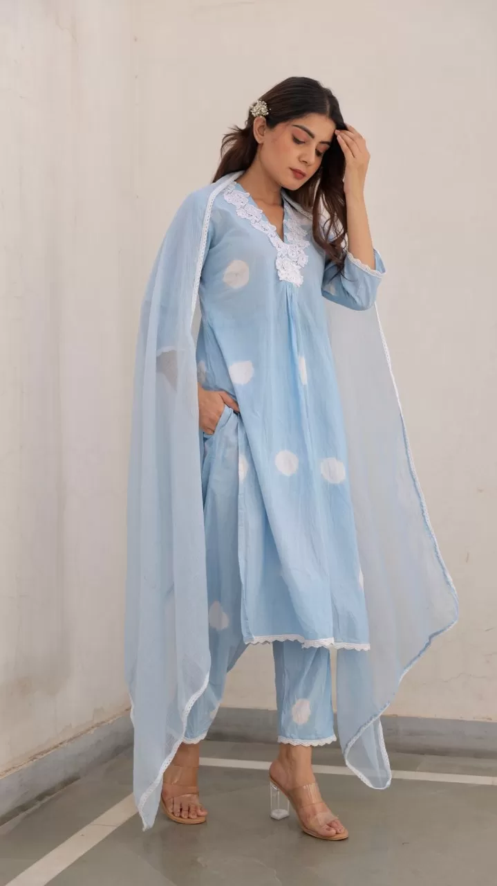 Blue Cotton Tie & Dye White Lace Straight Set with Doriya Dupatta