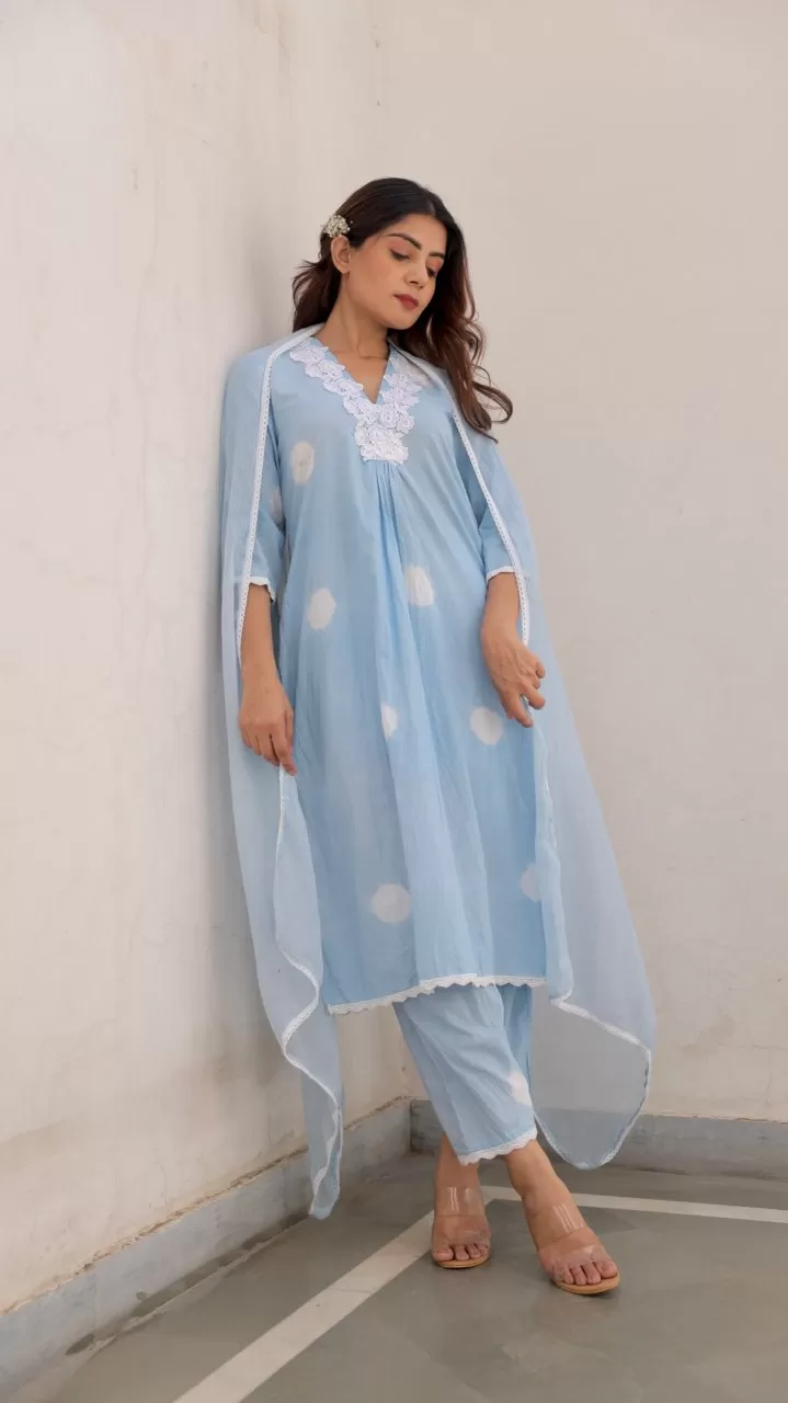 Blue Cotton Tie & Dye White Lace Straight Set with Doriya Dupatta