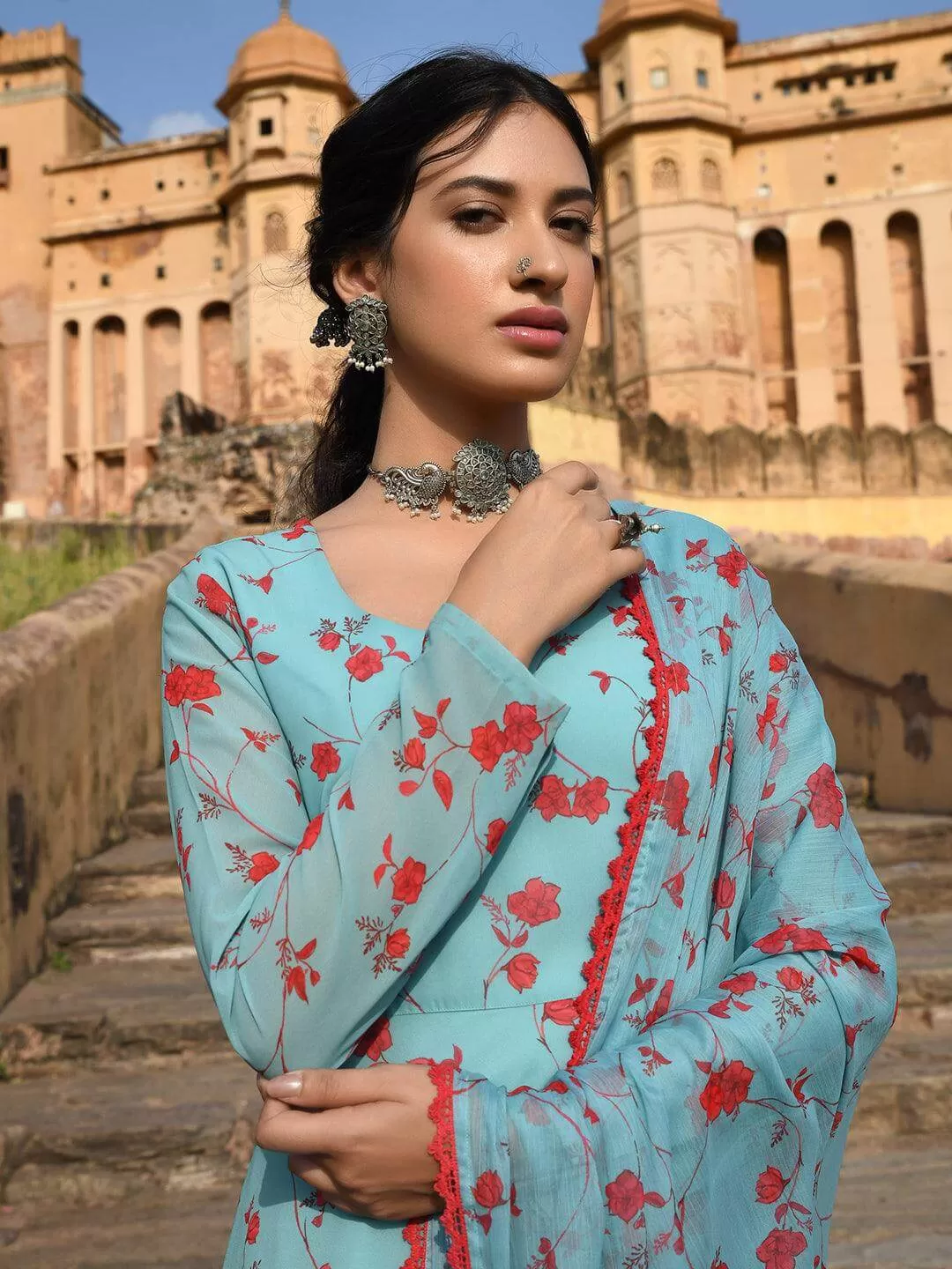 Blue Georgette Floral Print Kurta Palazzo Set