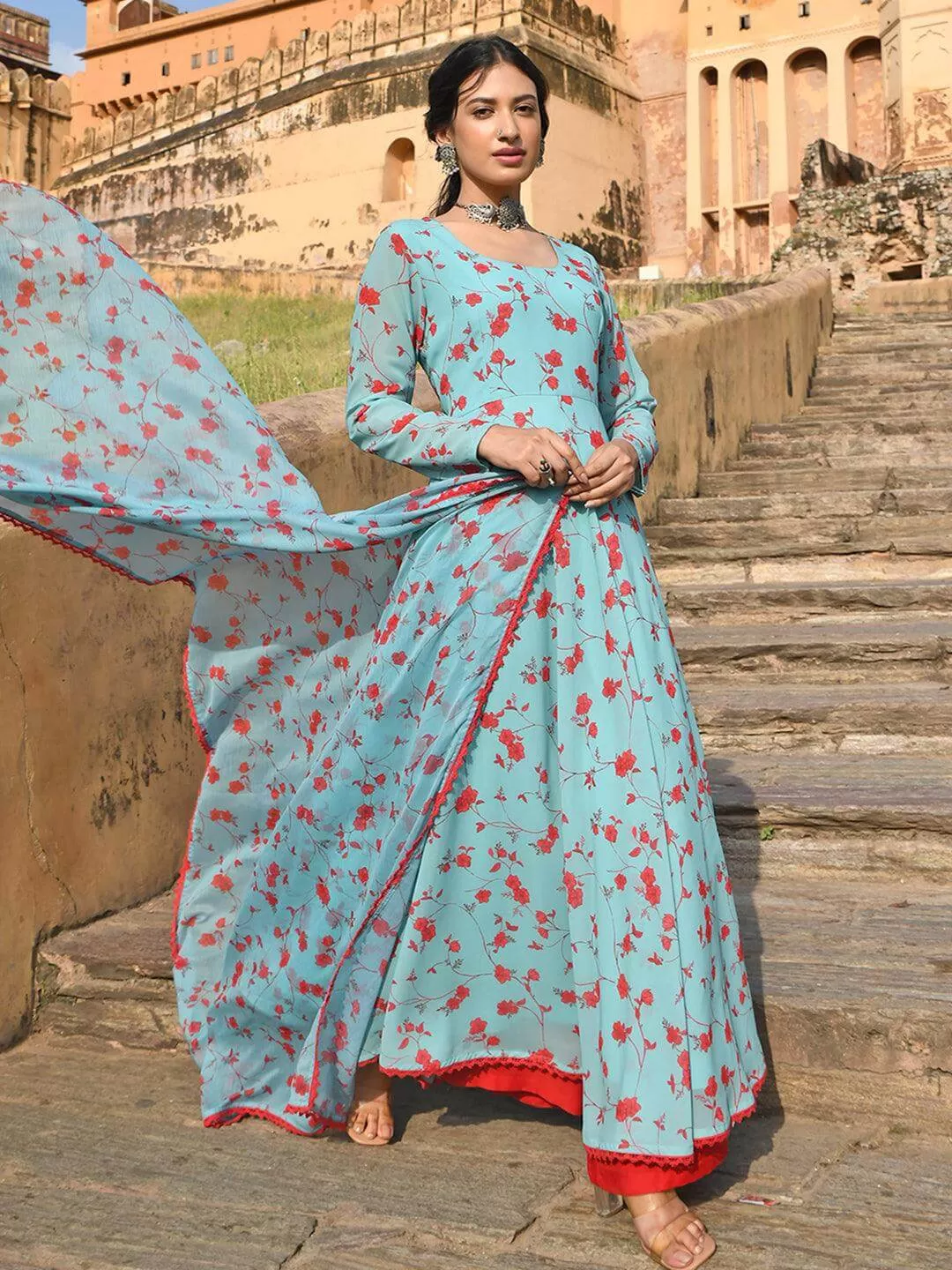 Blue Georgette Floral Print Kurta Palazzo Set