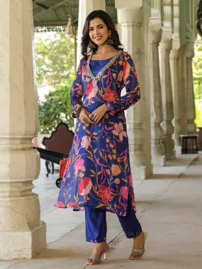 Blue Viscose Chinnon Embellished Floral Kurta with Pant and Crop Top