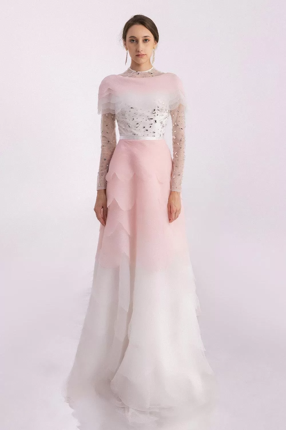 Bonilla Layered Long Sleeved Organza Floor Length Dress