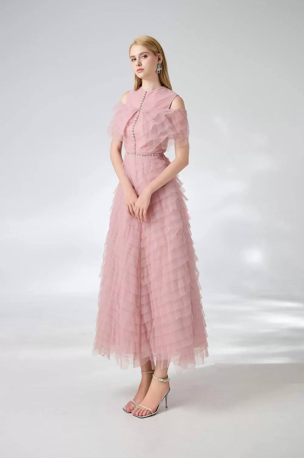 Bowers Layered Round Neck Organza Ankle Length Dress