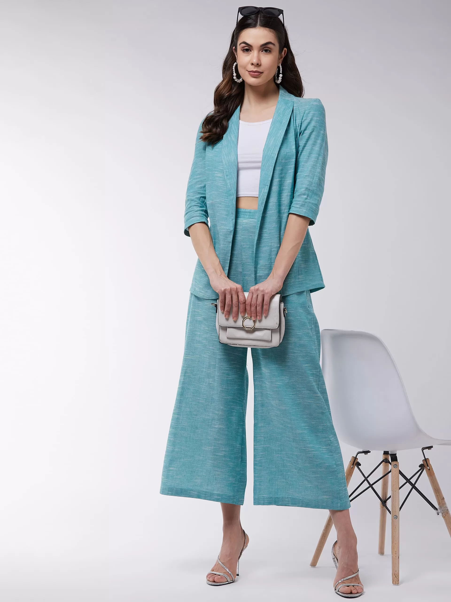 Chambray Long Blazer And Pant Set