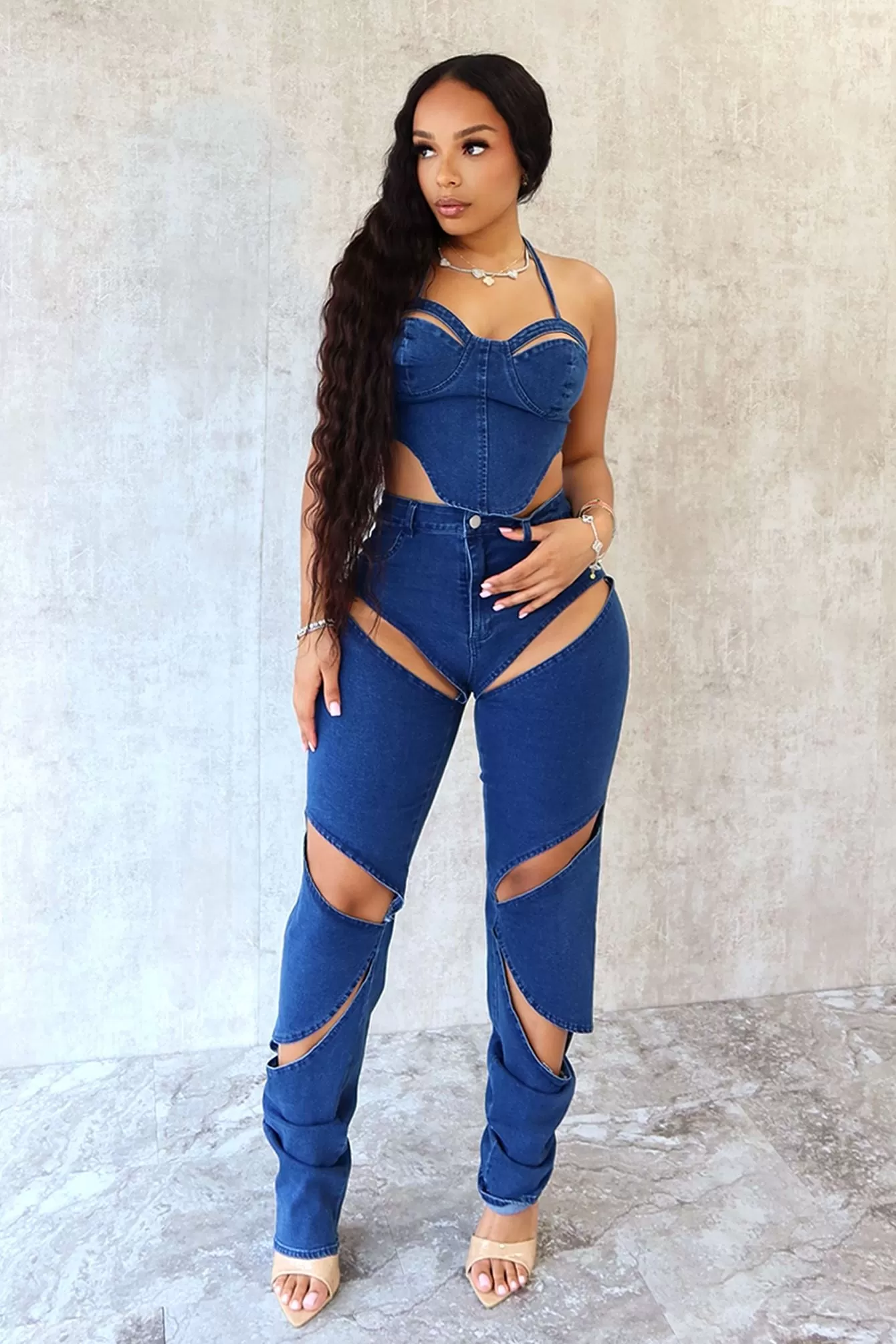 Chiara Cut Out Denim Top & Pants SET