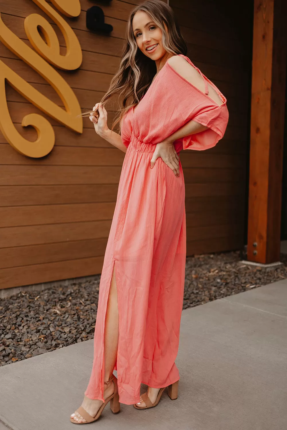 Cold-Shoulder Deep V Slit Maxi Dress