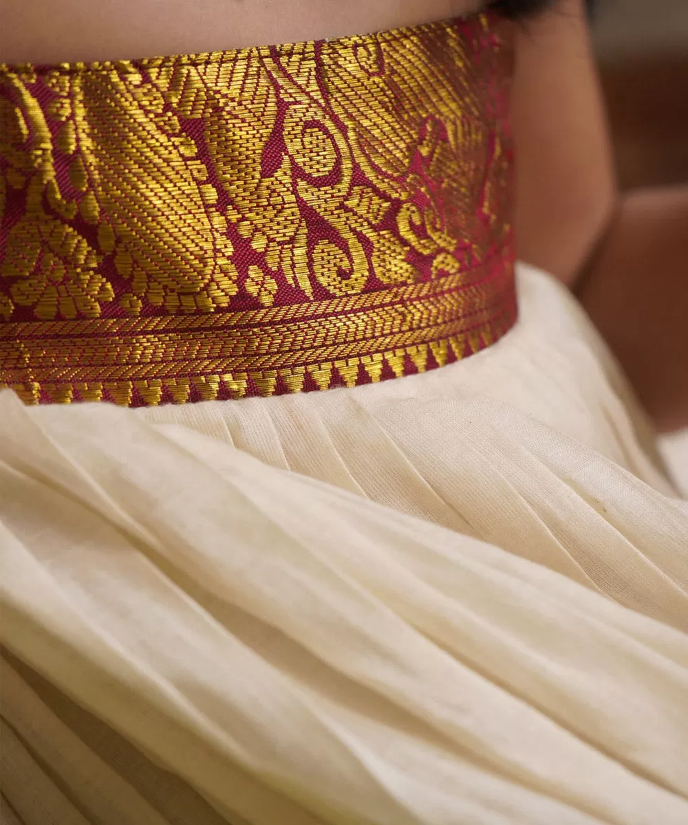 Cream golden handwoven cotton kanchipuram dress