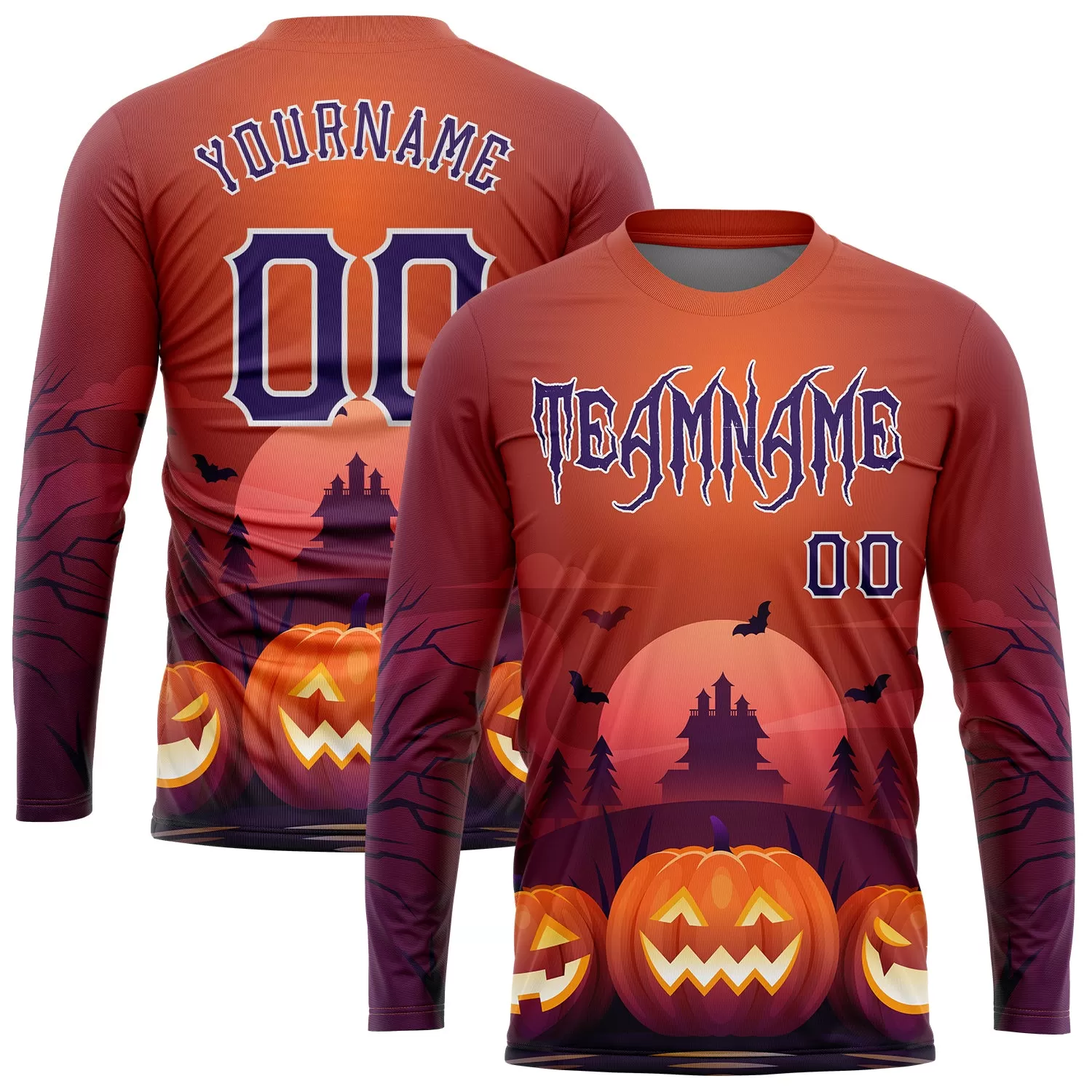 Custom 3D Pattern Halloween Pumpkins Horror Night Long Sleeve Performance T-Shirt