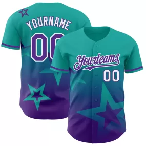 Custom Aqua Purple-White 3D Pattern Design Gradient Style Twinkle Star Authentic Baseball Jersey