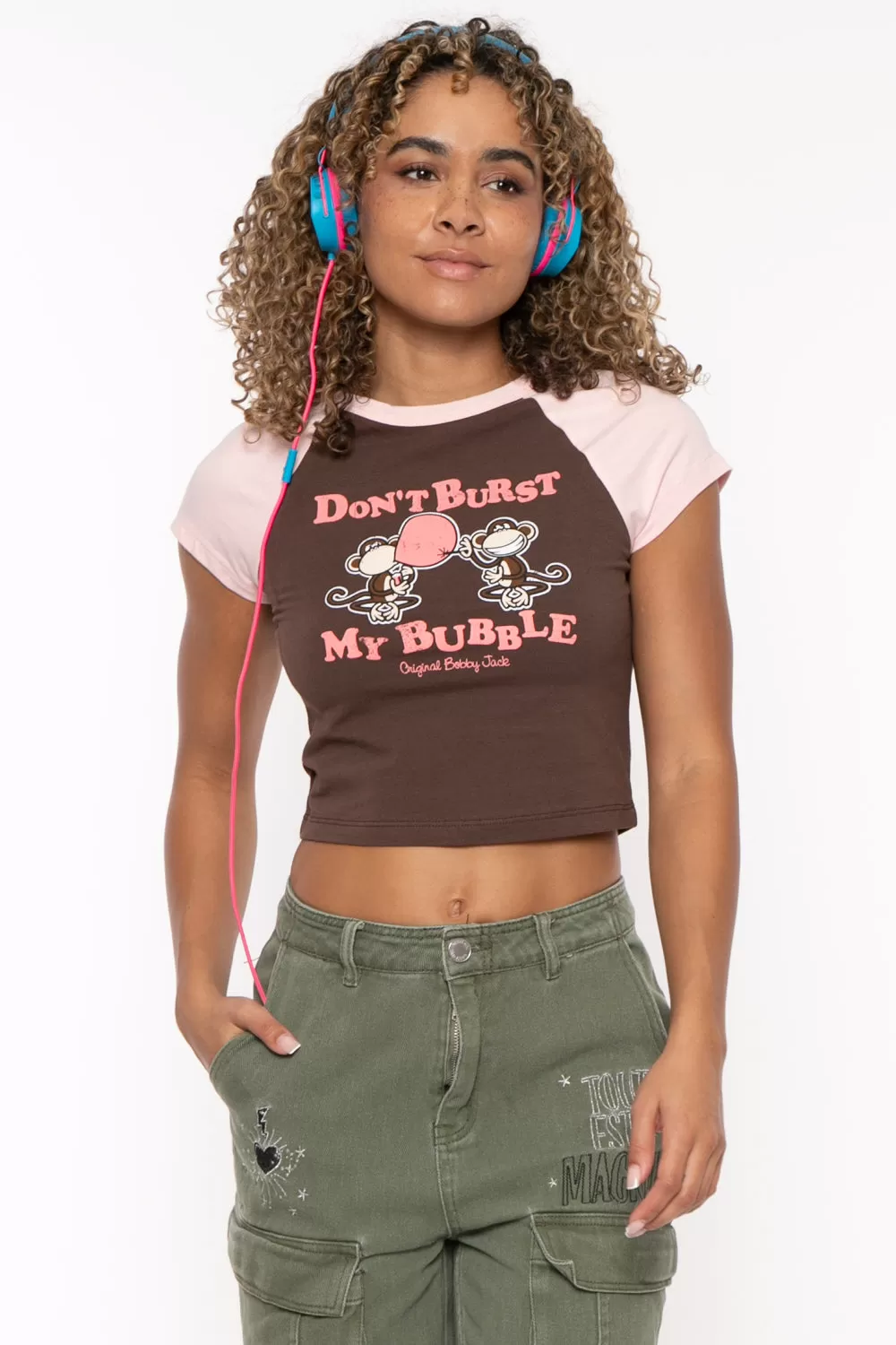 Don't Burst My Bubble - Bobby Jack Crop Raglan Top - Brown