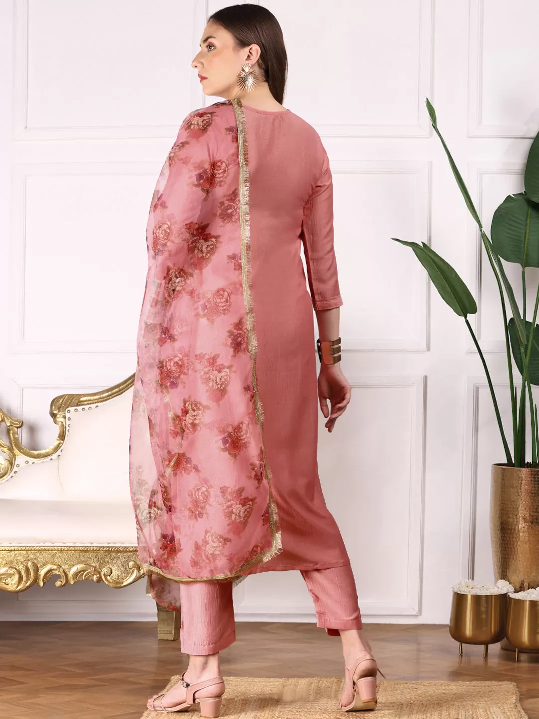 Ethnic Motifs Embroidered Round Neck Thread Work Kurta with Trousers & Dupatta