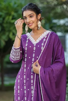 Ethnic Motifs Embroidered Thread Work Pure Cotton Kurta With Trousers & Dupatta