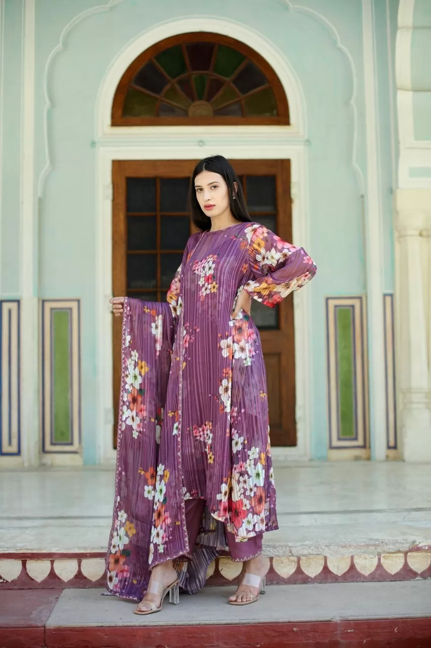 Flora three kali wine kurta straight set