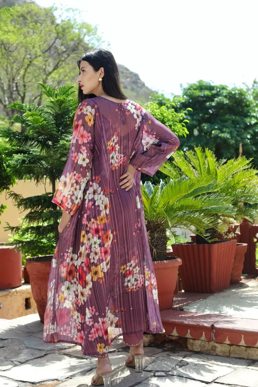 Flora three kali wine kurta straight set