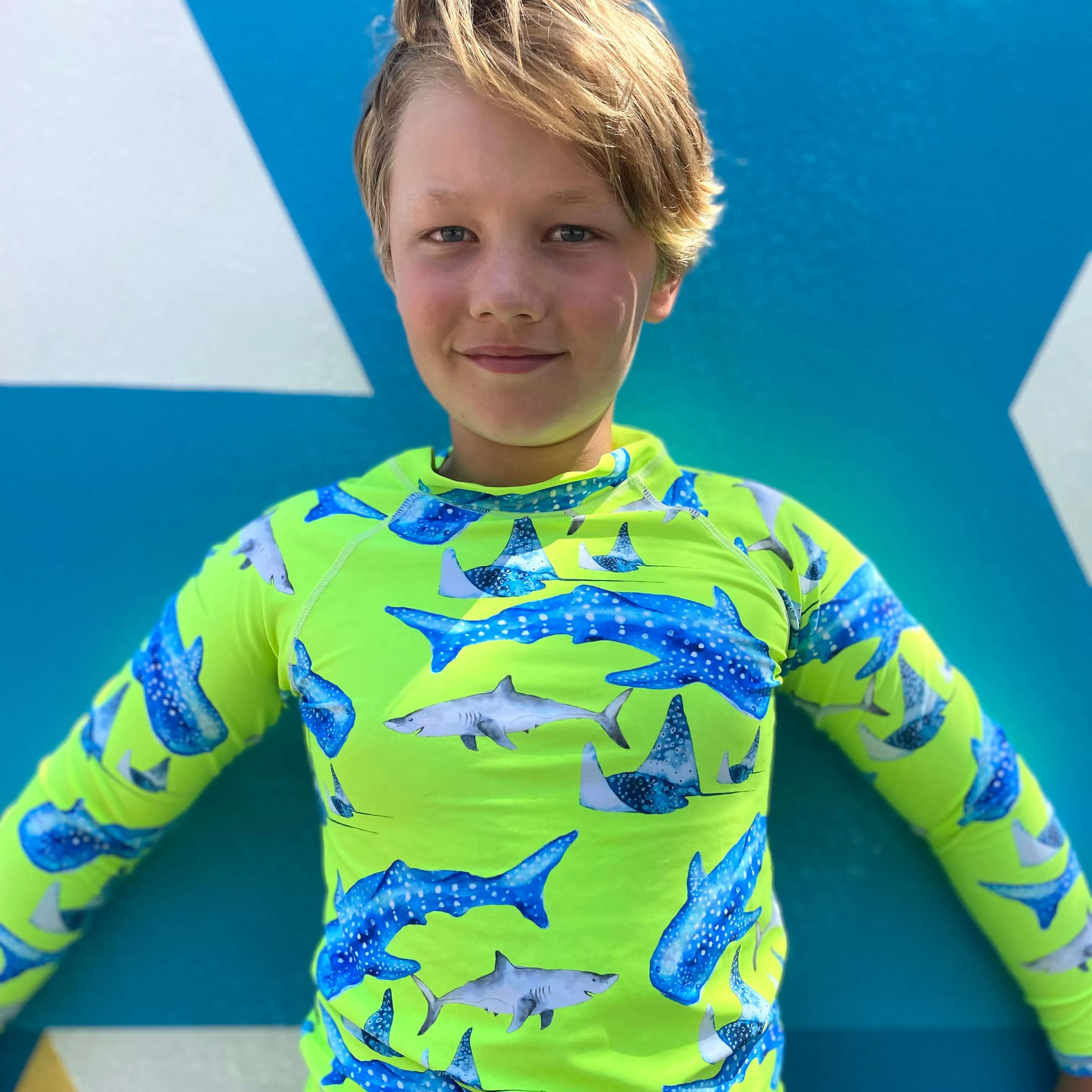 Fluro Green Sharks Kids' Rash Top