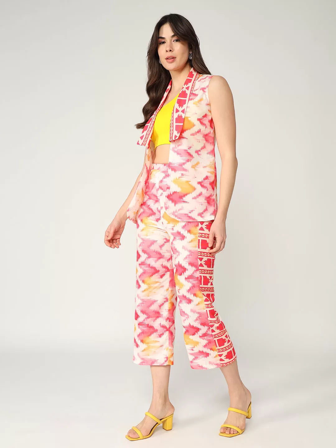 Fusion Ikat Printed Sleeveless Shrug With Pant Set