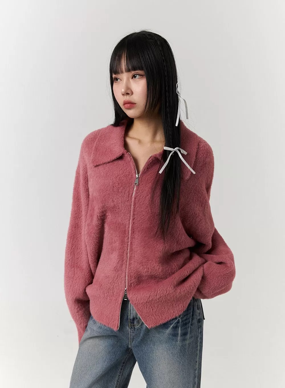 Fuzzy Knitted Zip-Up Jacket (UNISEX) CJ405