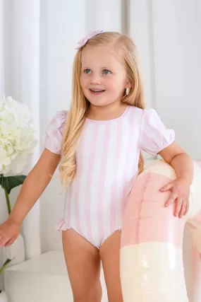 Girls Pink Candy Stripe Puff Sleeve Swimsuit