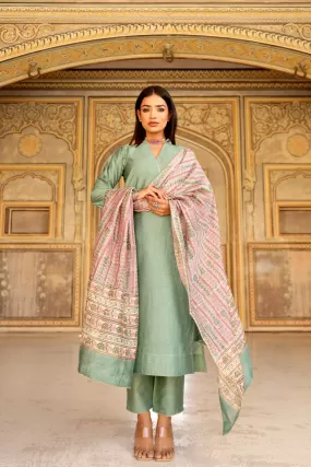 Green mukaish work chanderi straight set