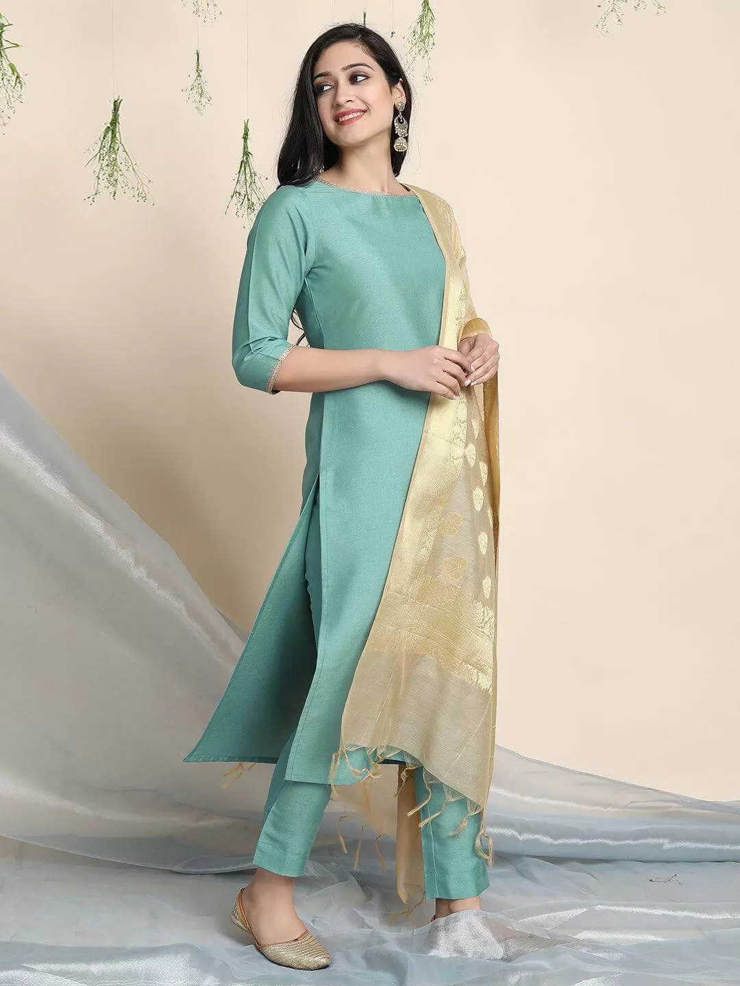 Green Poly Silk Solid Kurta with Pant and Dupatta