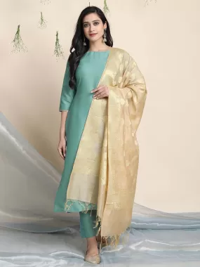 Green Poly Silk Solid Kurta with Pant and Dupatta