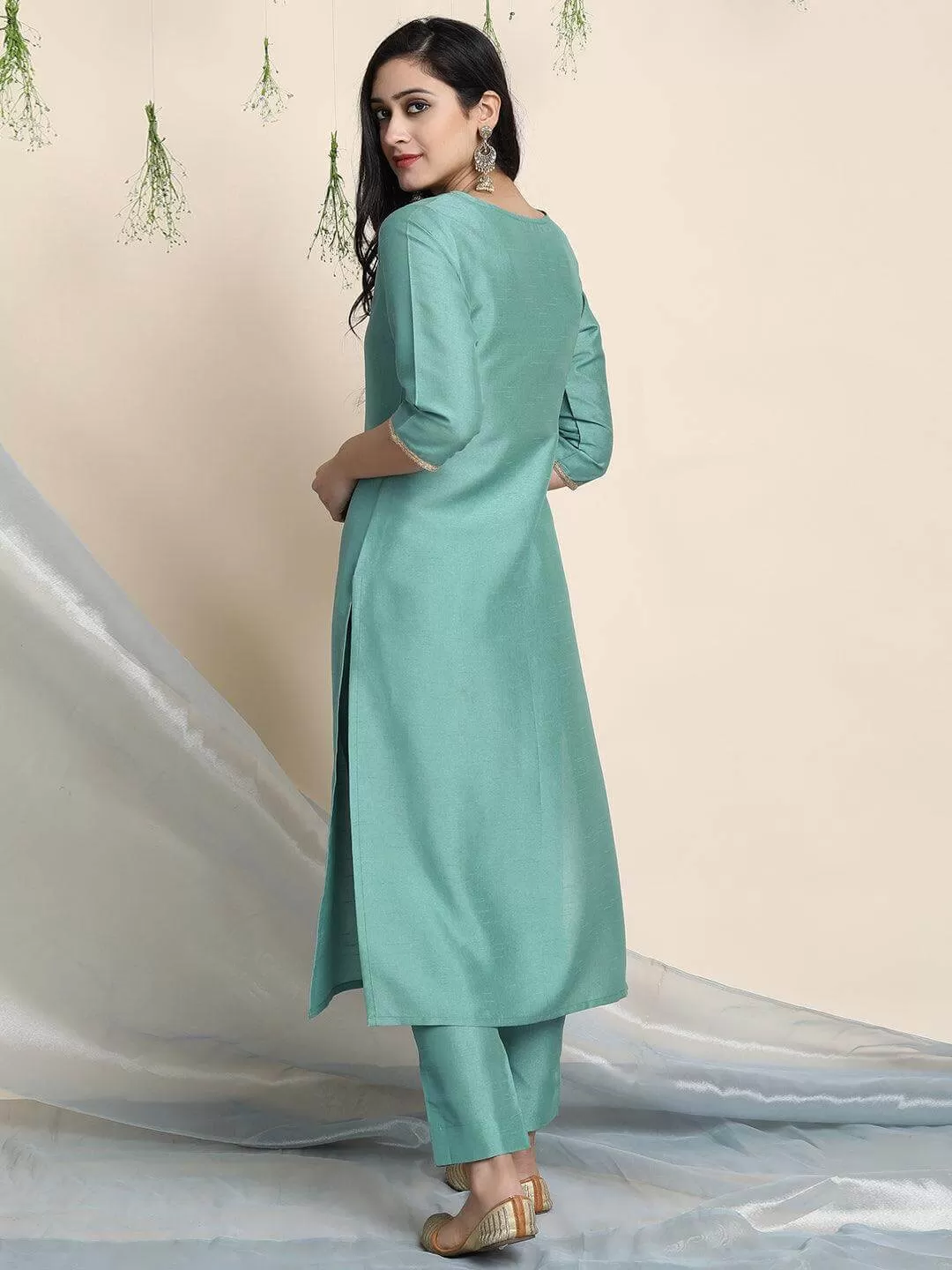 Green Poly Silk Solid Kurta with Pant and Dupatta